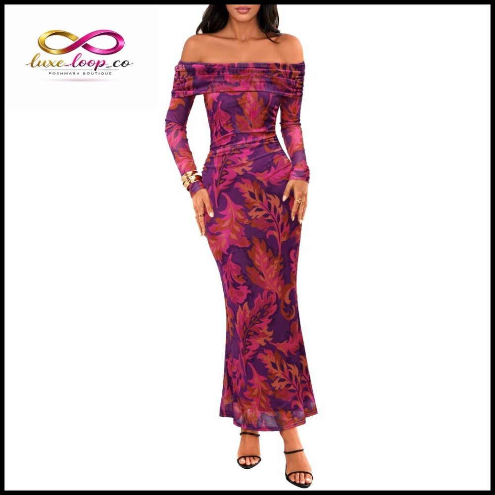 Floral Maxi Dress Formal Long Sleeve Off Shoulder Bodycon Wedding Guest